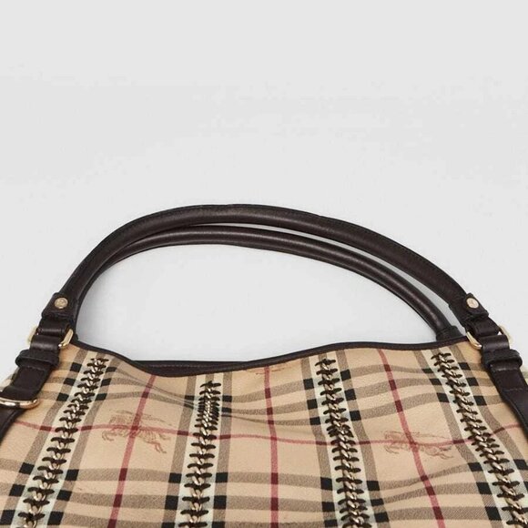 Burberry Brown Leather Haymarket Check Coated Canvas Chain Lawrence Tote Bag - Picture 8 of 11